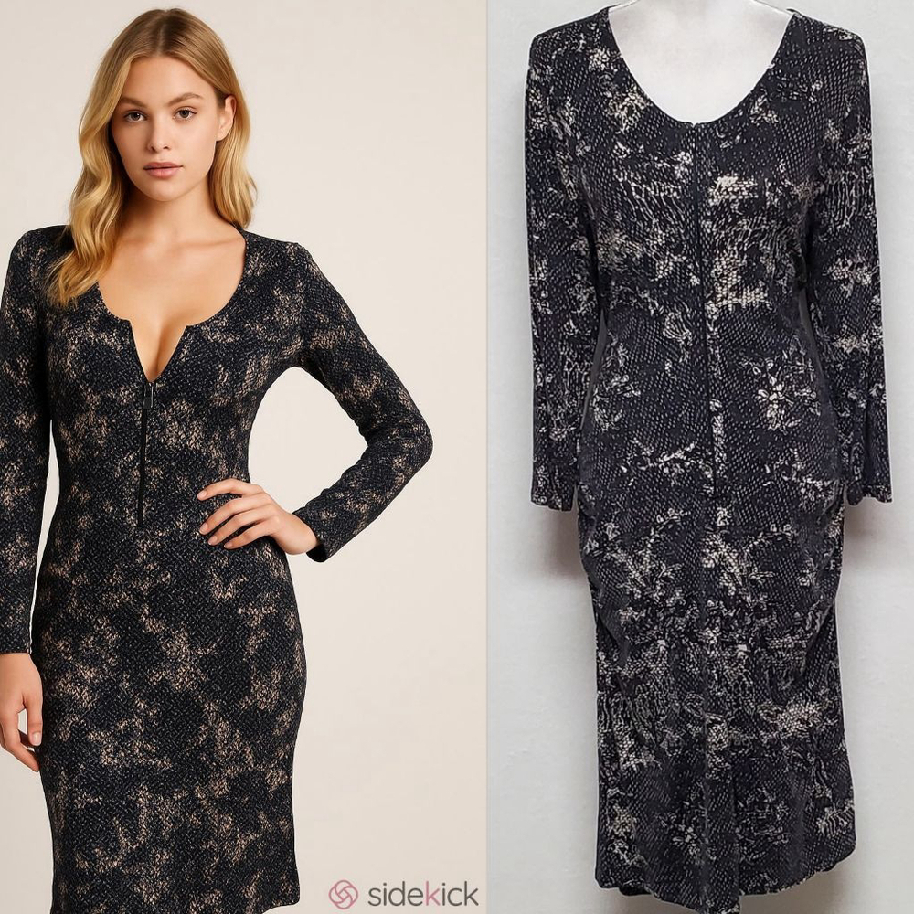 Ann Taylor Black Snakeskin Volup Half-Zip Scoop Neck Bodycon Midi Dress 14